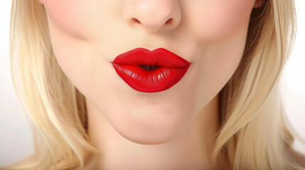Fototapeta premium Close Up View Of A Mouth Of A Blonde Woman With A Ruby Red Lipstick, Cosmetic And Fashion Background