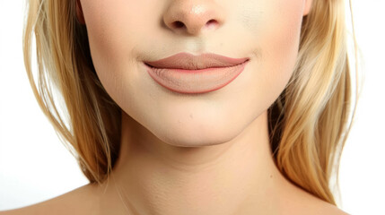 Fototapeta premium Close Up View Of A Mouth Of A Blonde Woman With A Honey Beige Lipstick, Cosmetic And Fashion Background