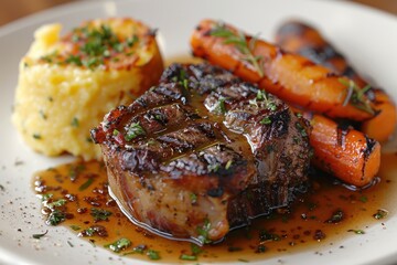 A beautifully plated dish of braised lamb shank, served with a side of creamy polenta and roasted carrots. 