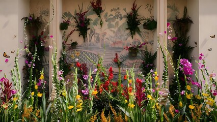 Fototapeta premium Beautiful wall with flowers and plants toned