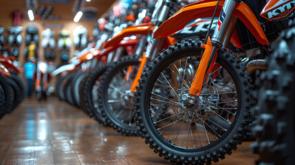 Motorcycle Sale, Automotive Industry, Motorcycle Dealership Parking Lot. Rows of Brand New Vehicles Awaiting New Owners, on the epoxy floor in new Motorbike service