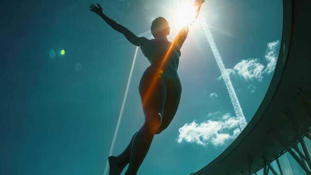 Silhouetted female winner figure jump against vibrant blue sky with sun. Freedom, inspirational, achievement, ambition concept. Girl athlete sculpture in sports arena, stadium. Sportswoman statuary.