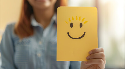 Woman holding a yellow card with a hand-drawn smiley face, promoting positivity and happiness in a warm indoor setting.