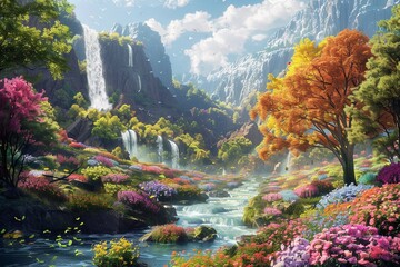 Beautiful Paradise Land with Flower and Waterfall created with Generative AI