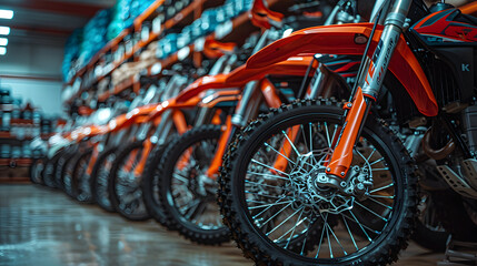 Motorcycle Sale, Automotive Industry, Motorcycle Dealership Parking Lot. Rows of Brand New Vehicles Awaiting New Owners, on the epoxy floor in new Motorbike service