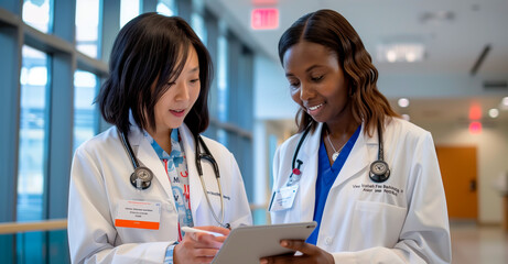 Two female doctors in lab coats discussing patient information on a tablet in a hospital hallway. Medical professionals collaborating using digital technology. Healthcare and teamwork concept