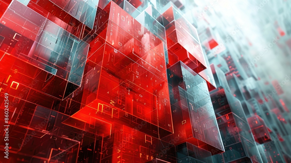Poster the setting features abstract digital blocks floating in a futuristic, hightech red and black space 