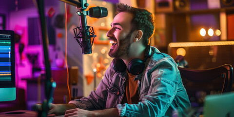 A person creating a podcast in a studio