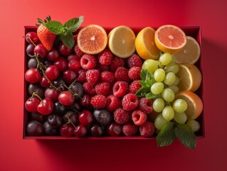 Vibrant Fruit Box on Red Background for Kitchen Decor Promotion Generative AI