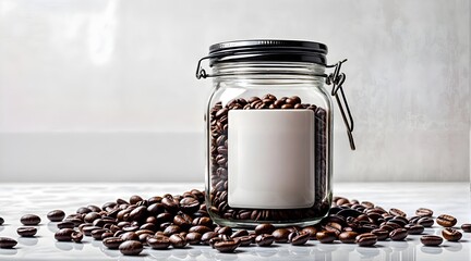 A coffee glass jar with a white blank label stands on the table among scattered coffee beans