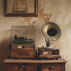 Old gramophone with wooden box isolated on white background. Generative AI