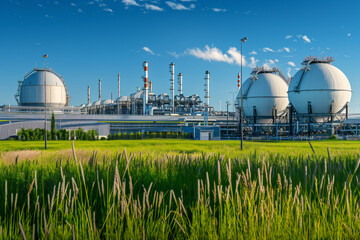 A European-style gas storage facility featuring large white spherical tanks and industrial equipment under a clear blue sky.