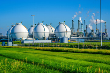 A European-style gas storage facility featuring large white spherical tanks and industrial equipment under a clear blue sky.