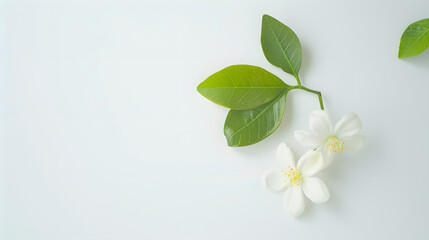 Fototapeta premium Jasmine flower with green leaf on white background top view flat lay : Generative AI