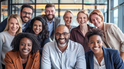 A group portrait of diverse and multiracial business team posing together in a modern office, showcasing unity and collaboration