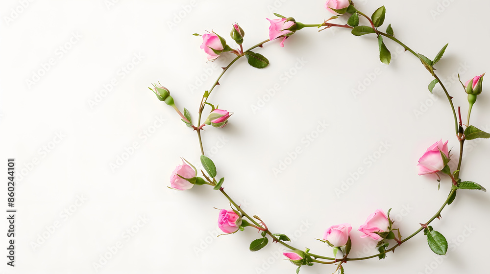Poster round frame wreath pattern with roses pink flower buds branches and leaves isolated on white backgro