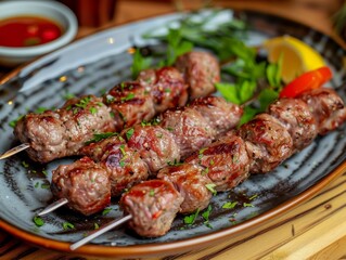 Savory Kebab Delights in a Cozy Restaurant Setting Generative AI