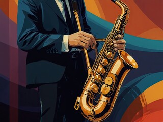 Fototapeta premium Jazz music background poster band instrument concert piano art abstract. Background jazz saxophone music flyer illustration design party festival singer orchestra player musician fest banner