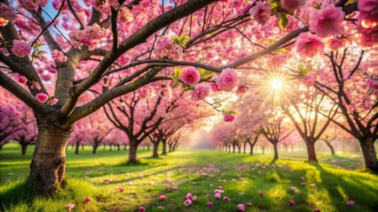 Fototapeta premium Vibrant pink cherry blossoms blooming in a lush green field, delicate petals gently falling, warm sunlight casting dappled shadows.