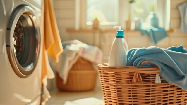 Wicker laundry basket with blue towel in bathroom with washing machine background. Fresh and cozy domestic atmosphere. Laundry detergent bottles. Routine home life and chores. Home care and appliances