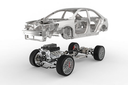 Drivetrain, chassis and car body -explode view. Vehicle body construction. Car assembly.  Automotive Technology Concept 