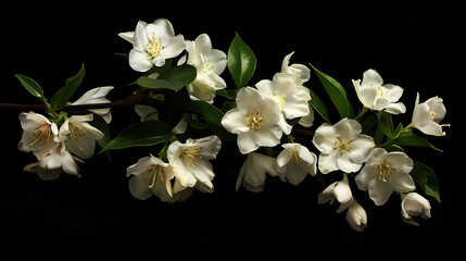 Jasmine branch with blooming white flowers isolated on a black background : Generative AI