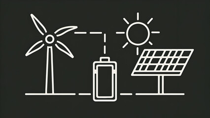 there's a graphic of a solar panel, flat and rectangular, with rays emanating from a sun symbol above it. On the right, there's an illustration of a battery, which is rectangular with rounded corners