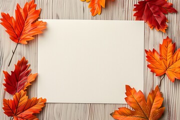 Obraz premium Blank white card surrounded by autumn leaves on a wooden background. Perfect for fall-themed messages and seasonal promotions.