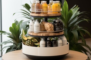 A Three-Tiered Rotating Stand Filled with Bottles of Drinks and  Food