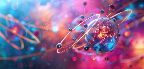 A detailed 3D rendering of a physics atom, showcasing its intricate electron orbits and nucleus, set against a vibrant, abstract background representing quantum fields.