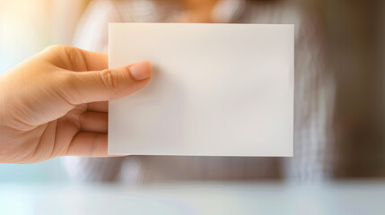 Obraz premium Close-up of a hand holding a blank white card against a blurred background, perfect for business information, text, or logo placement.