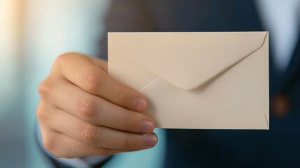 Fototapeta premium Close-up of a hand holding a closed envelope, perfect for business or personal communication concept imagery.