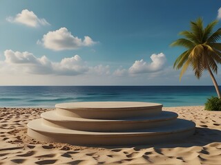 Fototapeta premium Beach podium summer background sand product 3D sea display platform. Beach podium summer banner stand scene sale sky holiday vacation stage water island sun travel pedestal