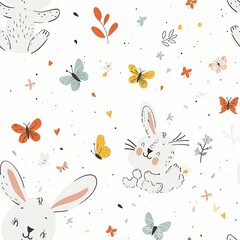 Cute Seamless Pattern with Doodle Cartoon Bunny Playing