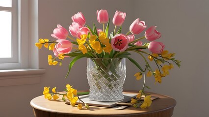 Bouquet of pink tulips and yellow freesias in a glass vase on the table
