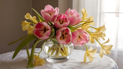 Bouquet of pink tulips and yellow freesias in a glass vase on the table