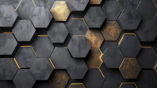 Abstract hexagonal geometric background with black tiles and gold accents