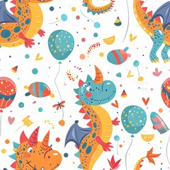 Obraz premium Cute Seamless Pattern with Dragon and Balloons