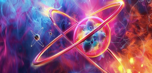 A dynamic 3D rendering of an atom, showcasing detailed electron paths and a vibrant nucleus, set against a vibrant, energy-infused background.