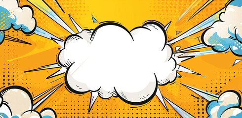 Dynamic explosion background in retro comic style with a central empty explosion and radial lines on a yellow halftone dotted background