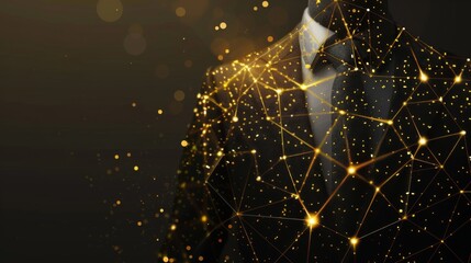 business jazz made of ticking and pulsating lines and dots, shining gold hologram on black background, with copy space