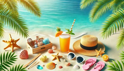 Vibrant 3D Render of Tropical Beach with Coconut Drink