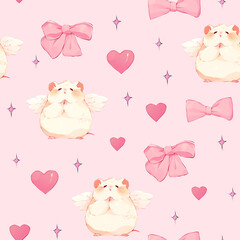 Girly seamless pattern with cute angel hamsters, bows, hearts and stars. Anime. Coquette Aesthetics. For wrapping paper, scrapbooking, textiles.