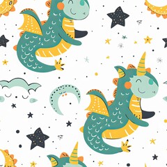 Cute Seamless Pattern with Dragon, Moon, and Stars