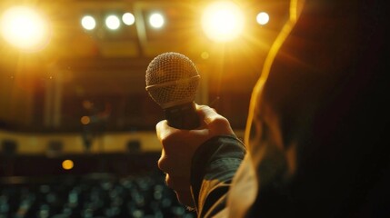 A close-up of a hand confidently gripping a microphone, poised for presentation in front of an engaged audience