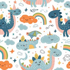 Cute Seamless Pattern with Dragon and Rainbow