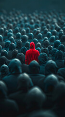Obraz premium Red individual in the crowd, individuality concept. Abstract animation of distinctive red figure among thousands of black figures. Standing out of the crowd. Different people,leadership concept design