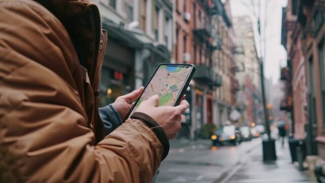 Tourist person navigating city street use tablet or mobile cell phone with map display. Urban scene. Town background. City exploration and GPS technology. Man hand hold navigator search place location