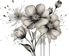 Obraz premium Watercolor flowers black line art splash. Floral illustration