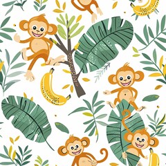 Cute Seamless Pattern with Giggling Monkeys and Bananas